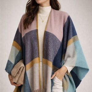 Soft Pastel Plaid Shawl Wrap Scarf Poncho Cozy Oversized One Size